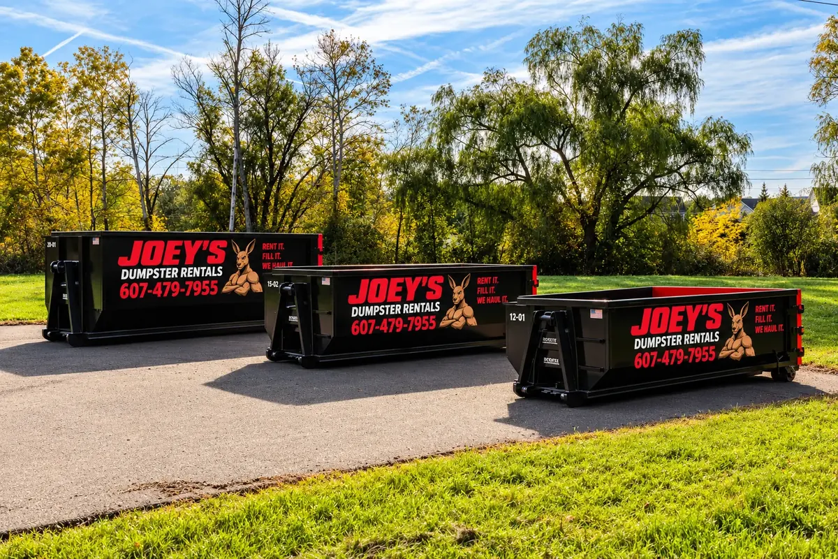 Joey’s Dumpster Rental dumpsters in 12, 15 and 20 yard sizes